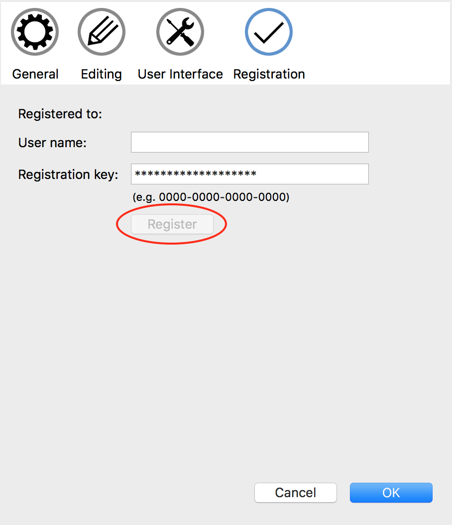 Register dialog